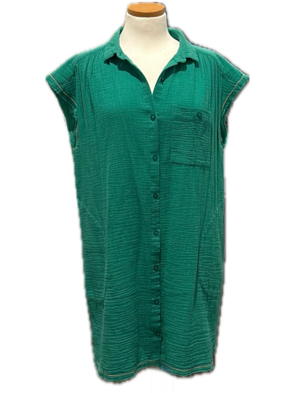 Lilla P Green Crinkle Button Front Shirt Dress | Size S